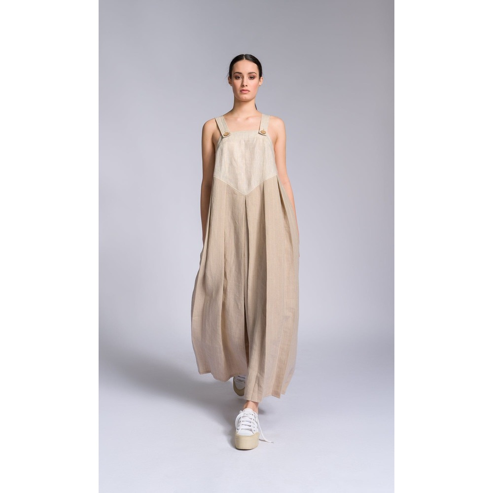 Aakasha Oatmeal Linen Pleated Pinafore Maxi Dress Boho Lagenlook Tan Size XL